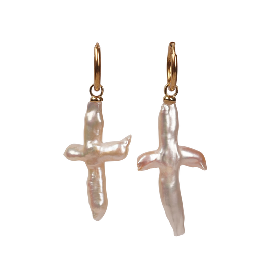 Hypsipyle Cross-Shaped Freshwater Pearl Hoop Earrings